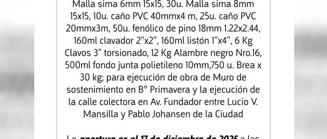 ELDORADO: Convocan a licitación pública para obras en barrio Primavera y avenida Fundador