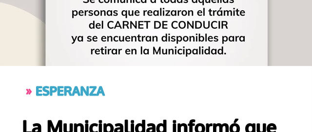 La Municipalidad informó que ya se encuentran disponibles los nuevos carnets de conducir para su retiro La Municipalidad informó que ya se encuentran disponibles los nuevos carnets de conducir para su retiro
