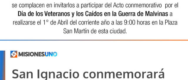 San Ignacio conmemorará el Día de los Veteranos y Caídos en Malvinas con un acto en la Plaza San Martín