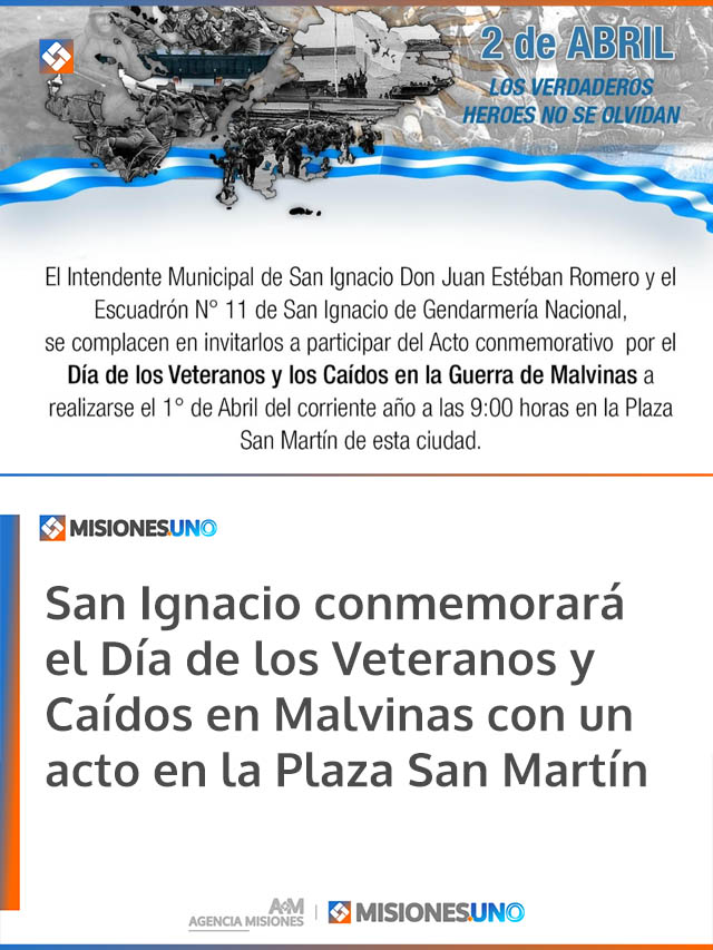 San Ignacio conmemorará el Día de los Veteranos y Caídos en Malvinas con un acto en la Plaza San Martín