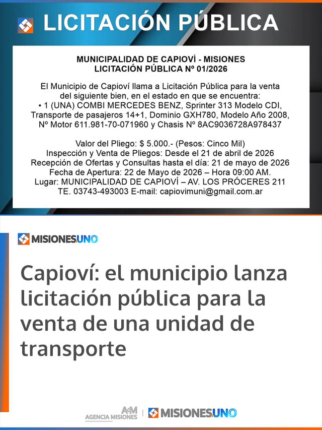 Capioví: el municipio lanza licitación pública para la venta de una unidad de transporte