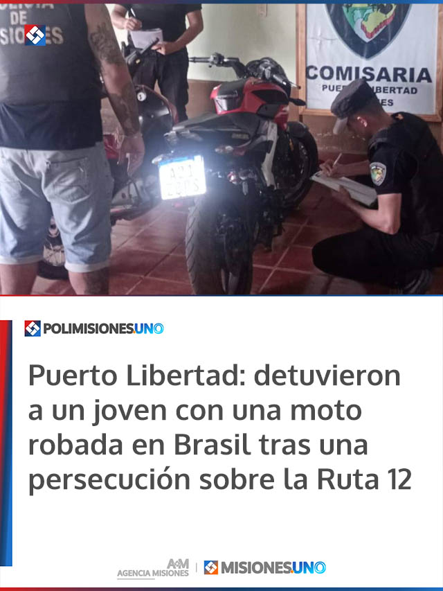 Puerto Libertad: detuvieron a un joven con una moto robada en Brasil tras una persecución sobre la Ruta 12