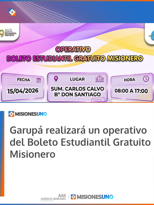 Garupá realizará un operativo del Boleto Estudiantil Gratuito Misionero
