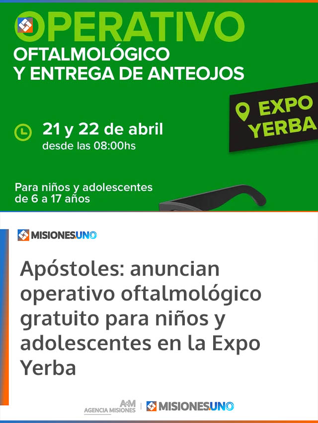Apóstoles: anuncian operativo oftalmológico gratuito para niños y adolescentes en la Expo Yerba