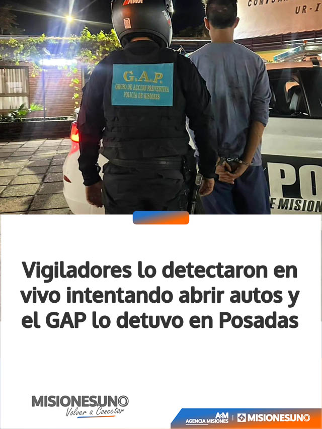 Vigiladores lo detectaron en vivo intentando abrir autos y el GAP lo detuvo en Posadas