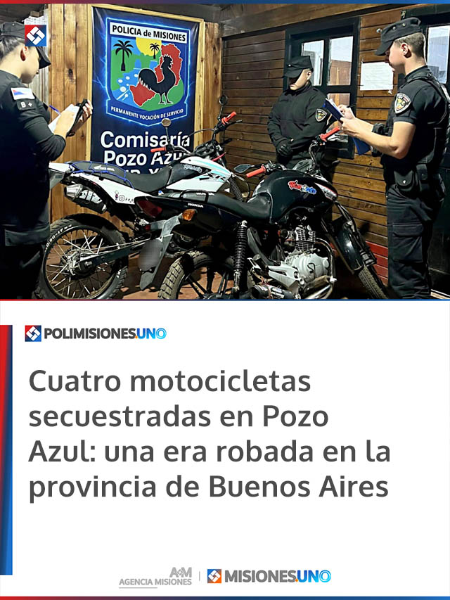Cuatro motocicletas secuestradas en Pozo Azul: una era robada en la provincia de Buenos Aires