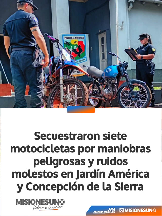 Secuestraron siete motocicletas por maniobras peligrosas y ruidos molestos en Jardín América y Concepción de la Sierra
