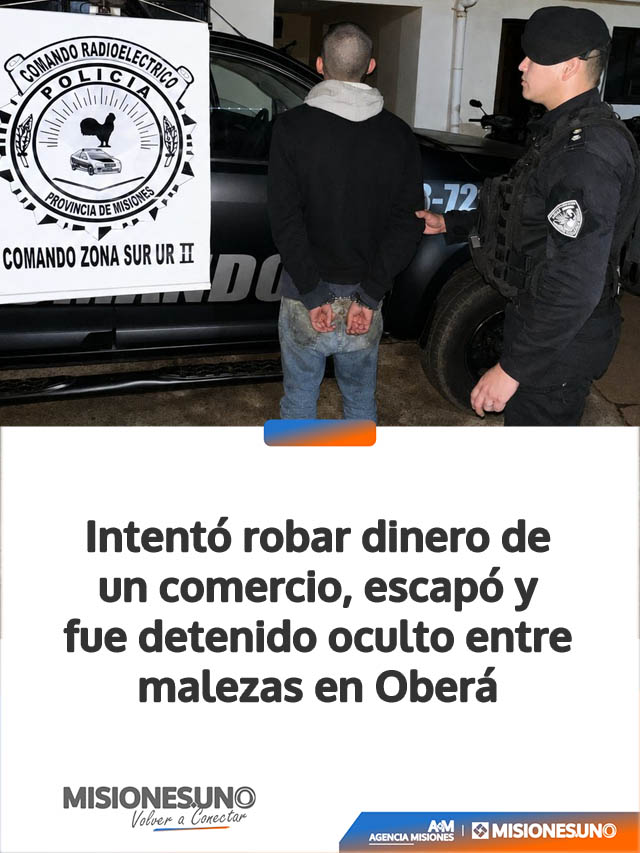 Intentó robar dinero de un comercio, escapó y fue detenido oculto entre malezas en Oberá
