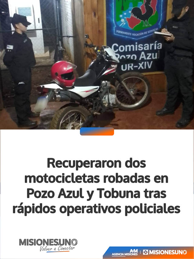 Recuperaron dos motocicletas robadas en Pozo Azul y Tobuna tras rápidos operativos policiales