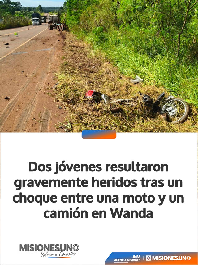 Dos jóvenes resultaron gravemente heridos tras un choque entre una moto y un camión en Wanda